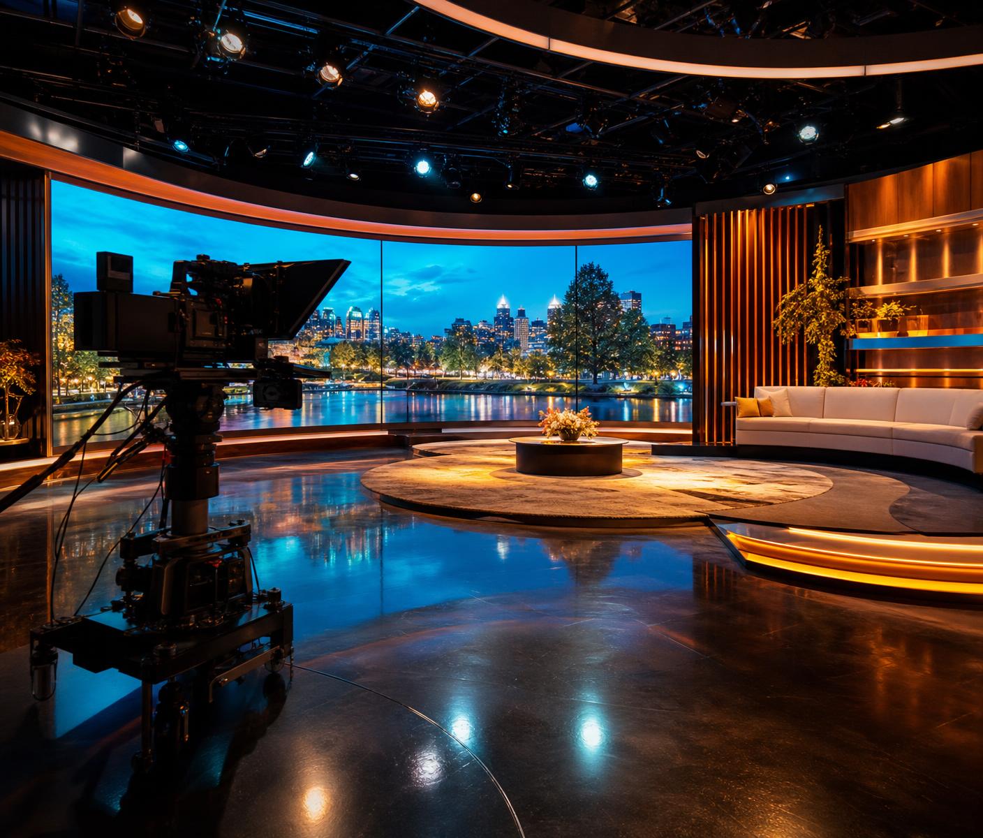 A television studio with a glowing LED video wall and broadcast cameras